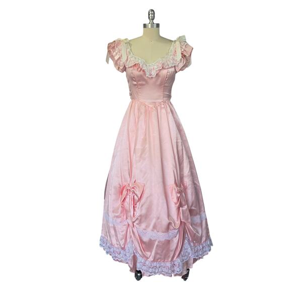 Gunne Sax Vintage 80s Pink Princess Dress Size XS S Maxi Satin Lace Bows - Picture 2 of 11